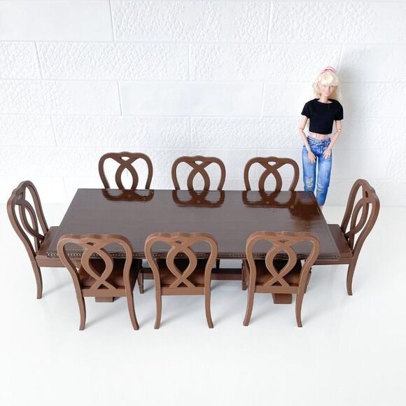 One-of-a-Kind Miniature Oak Wood Dining Trestle Table & 8 Chair Set 1:6 Scale - Picture 2 of 15